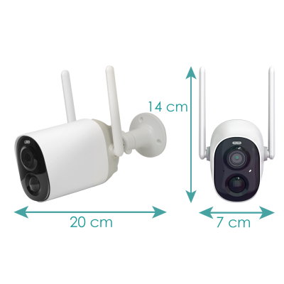 Câmara de segurança branca com antenas e medidas indicadas