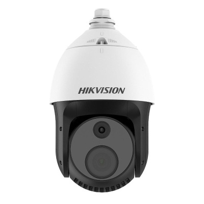 Câmara de vigilância PTZ Hikvision em branco e preto com lente dupla