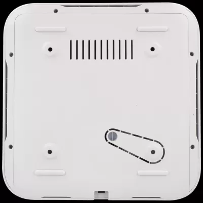 Base inferior de dispositivo branco com orifícios, pés antiderrapantes e ranhuras de ventilação