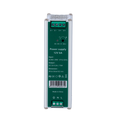 Fonte de alimentação 12V 6A prateada com painel verde e texto branco