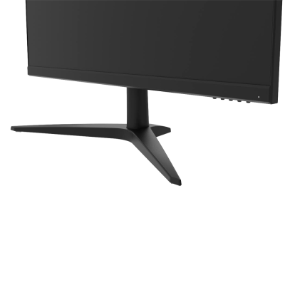 Monitor plano preto com base tripé em forma de V sobre fundo branco
