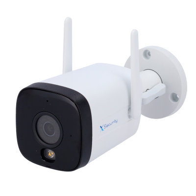 Câmara de segurança branca com antenas e lente circular