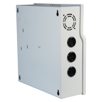 Dispositivo metálico branco com botões pretos e ventoinha circular