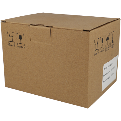 Caixa de cartão castanha com símbolos de manuseio e etiqueta branca com texto