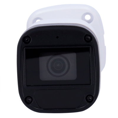 Câmara de vigilância branca e preta com lente e painel frontal preto