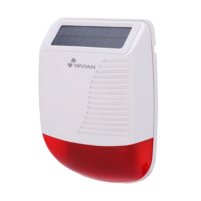 Alarme de segurança branco com visor solar e detalhes vermelhos