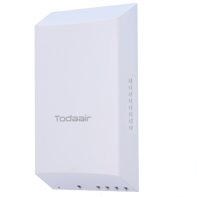 Roteador branco Todaair com seis ventoinhas, portas indicadas na lateral, etiqueta de modelo e fundo azul