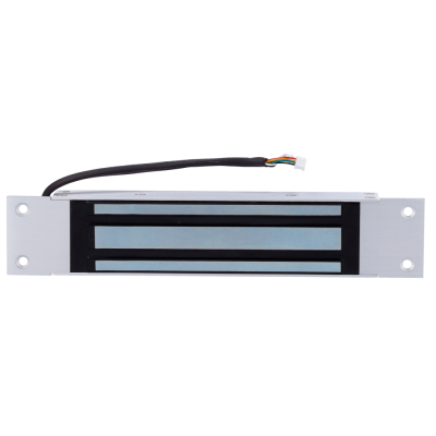 Trava eletromagnética retangular prateada com duas folhas pretas e cabo