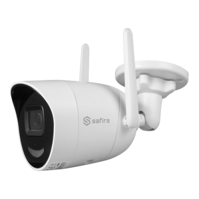 Câmara de vigilância exterior branca com duas antenas e suporte