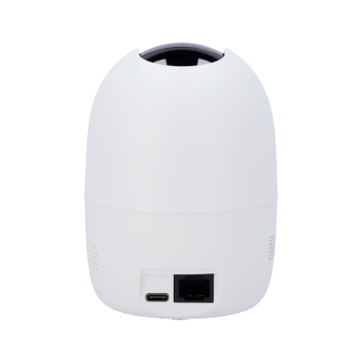 Câmara de vigilância branca com lente preta e portas USB-C e Ethernet