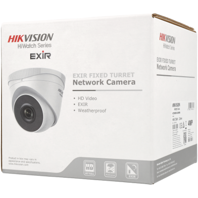 Caixa branca com imagem de câmara de rede HIKVISION EXIR Fixed Turret