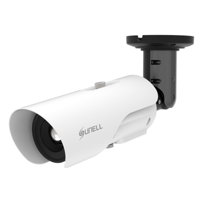 Câmara de segurança branca com suporte preto e corpo cilíndrico