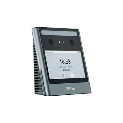 Dispositivo eletrónico cinza com ecrã digital mostrando hora, data e texto 'Welcome'