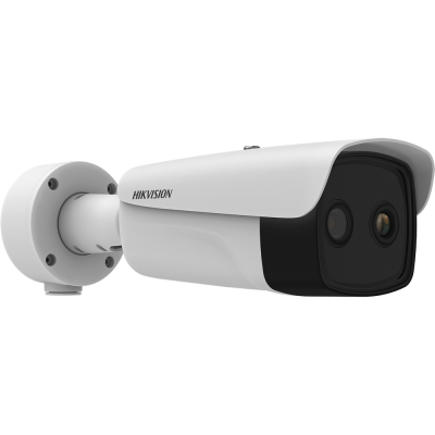 Câmara de vigilância exterior branca e preta da marca HIKVISION com lente dupla.