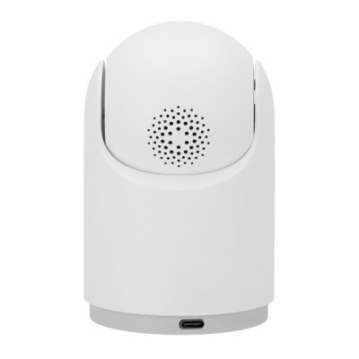 Dispositivo eletrónico branco com orifícios circulares e porta USB tipo C