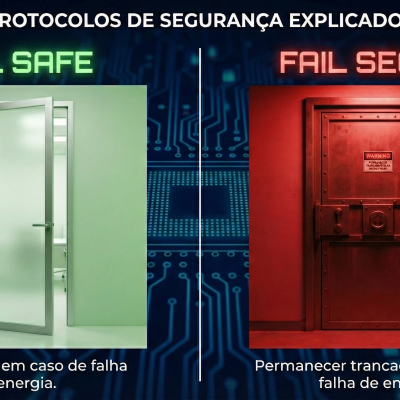 Duas imagens lado a lado mostrando protocolos de segurança fail safe e fail secure com portas e textos explicativos em português.