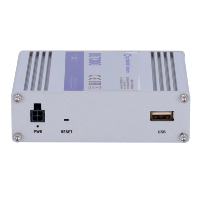 Dispositivo eletrônico cinzento com entradas USB e PWR e botão reset