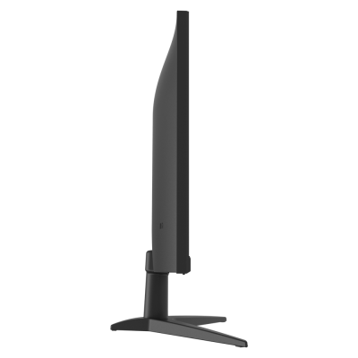 Monitor preto fino visto de perfil com suporte em V