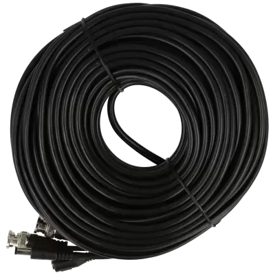 Cabo coaxial preto enrolado com conectores metálicos