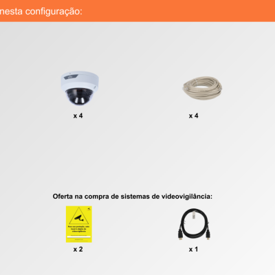 Componentes de sistema de videovigilância com câmeras dome, cabos, mouse e placas de aviso