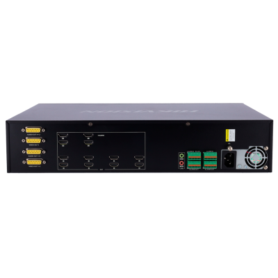 Dispositivo eletrônico preto com várias portas de conexão e ventoinha lateral