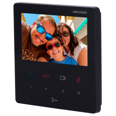 Monitor vídeo intercomunicador Hikvision com ecrã a cores e ícones de controlo