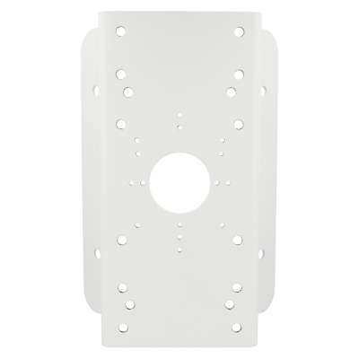 Placa metálica branca com múltiplos furos e furo circular central