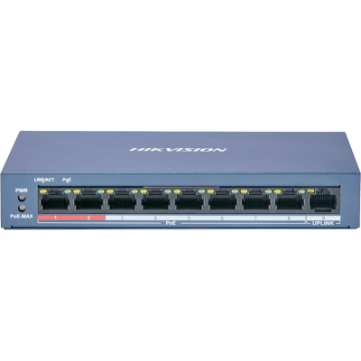 Switch de rede Hikvision azul com 8 portas Ethernet e LEDs indicadoras