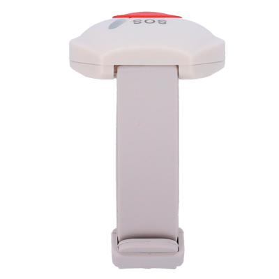 Relógio de pulso branco com bracelete cinzenta e botão vermelho SOS