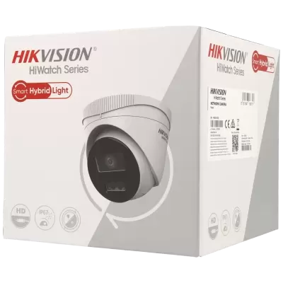 Caixa branca de câmara de vigilância Hikvision HiWatch com imagens da câmara e texto
