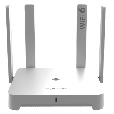 Router Wi-Fi branco com quatro antenas verticais e texto WIFi 6 numa antena.