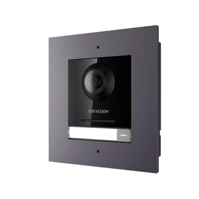 Intercomunicador Hikvision cinza com câmera central e painel branco