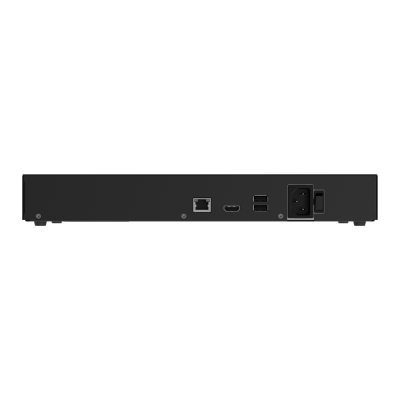 Dispositivo eletrônico preto com portas Ethernet, HDMI, USB, tomada e interruptor na parte traseira