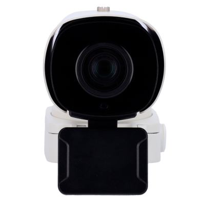 Câmara de videovigilância branca com lente preta e ecrã frontal negro.