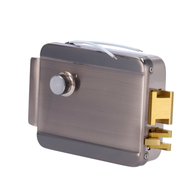 Fechadura elétrica metálica inox com botão branco e componentes dourados