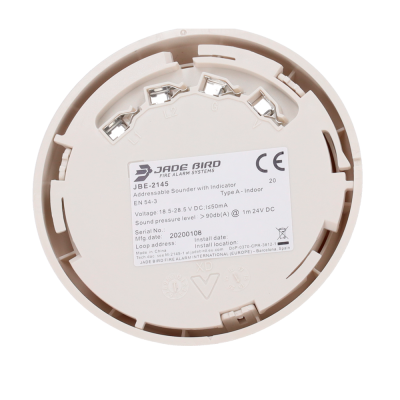 Alarme de incêndio redondo JADE BIRD branco com etiqueta técnica