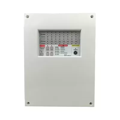 Central de alarme anti-incêndio branca com painel com botões e LEDs