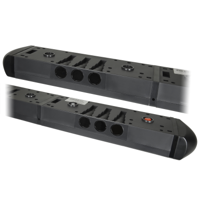 Base preta alongada de plástico com aberturas e botões