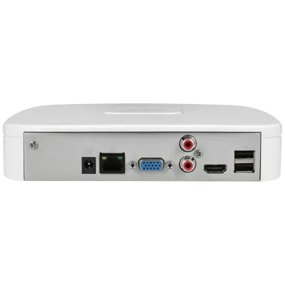 Aparelho eletrônico branco com várias portas na parte traseira para conexões.