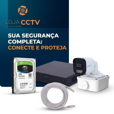 Kit segurança CCTV com disco rígido, gravador, câmara branca e cabo de rede sobre fundo azul escuro