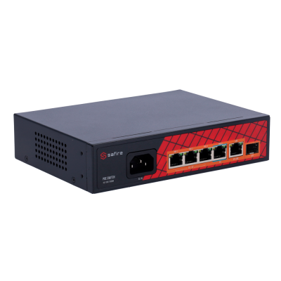 Comutador de rede Safire SF-PSE804T preto e vermelho com várias portas Ethernet