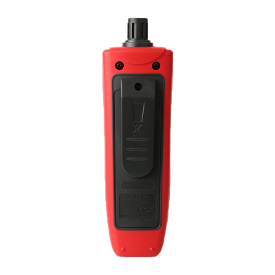 Dispositivo portátil vermelho com clip preto e texto de aviso na parte traseira.