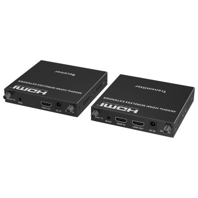 Extensor sem fios HDMI preto com transmissor e recetor retangulares e várias portas.