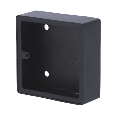 Caixa de montagem elétrica preta com furos para parafusos e abertura para cabos