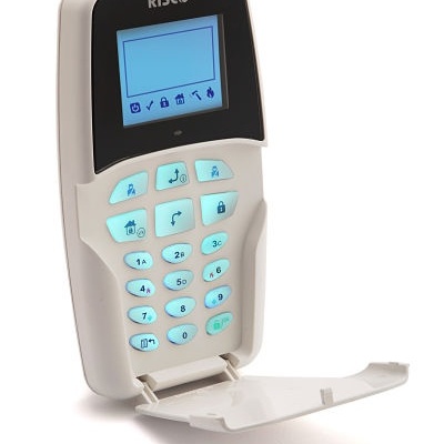 Comando de controlo remoto de alarme branco com ecrã digital e teclado retroiluminado