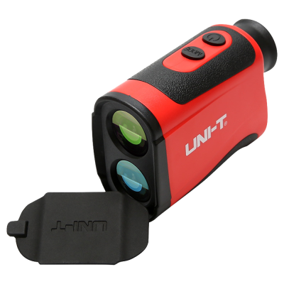 Medidor laser portátil vermelho e preto com lentes coloridas e tampa preta da marca UNI-T