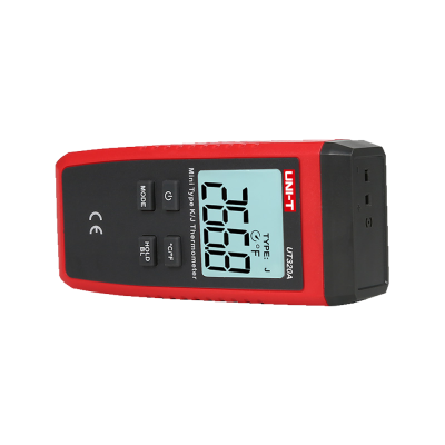 Termómetro digital de mão UNI-T UT320A com ecrã LCD azul e botões pretos