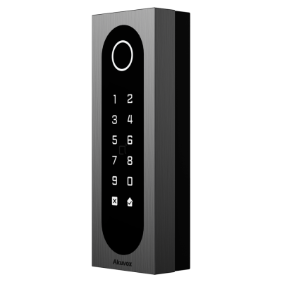 Teclado numérico digital Akuvox cinza escuro com painel preto e números brancos.