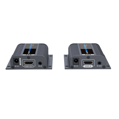 Dois dispositivos eletrónicos pretos com entradas HDMI e etiquetas visíveis HDMI IN e HDMI OUT
