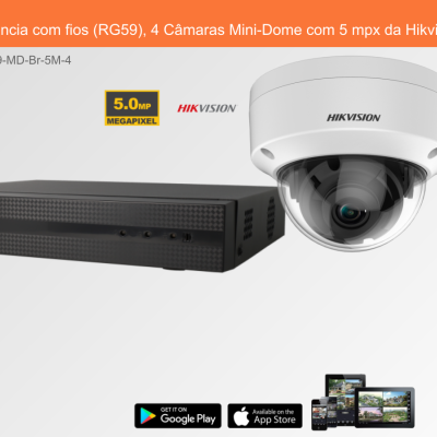 Sistema de videovigilância com gravador preto e câmaras Mini-Dome brancas
